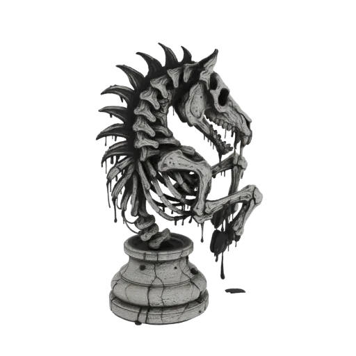 Ein 3D-Rendering einer schmelzenden Skelett-Ritter-Schachfigur mit einem rissigen Steinsockel, präsentiert auf weißem Hinterg