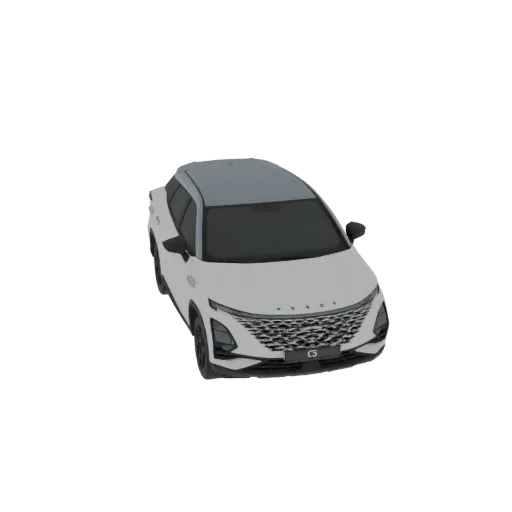 3D-Modell eines weißen SUV mit grauem Dach, aus leicht erhöhter Front-rechts-Ansicht.