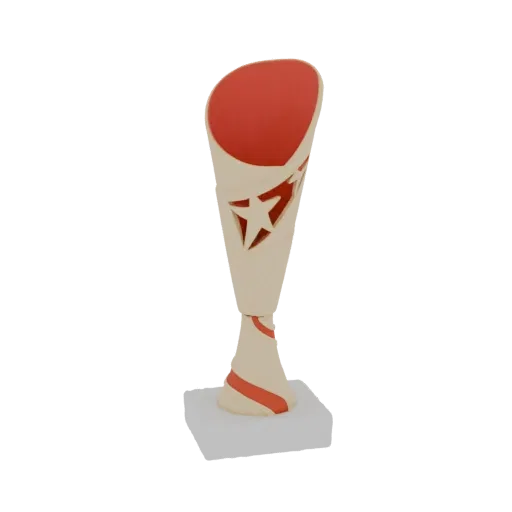 A 3D render of a modern trophy with a red interior, a star cutout, and a light-colored base, set against a white background.