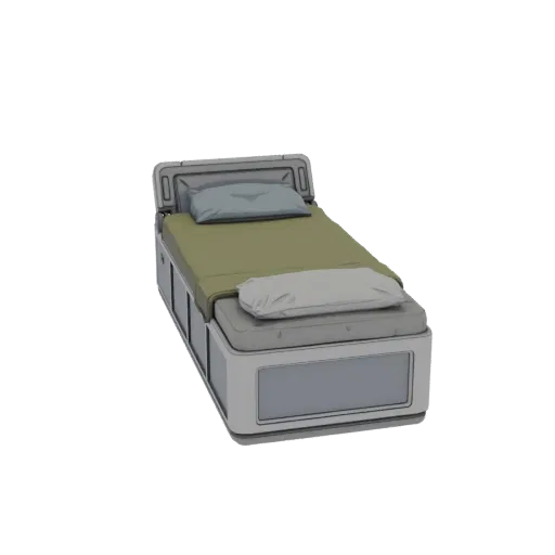 Modèle 3D d'un lit simple futuriste avec cadre gris, linge de lit vert olive et compartiments de rangement intégrés.