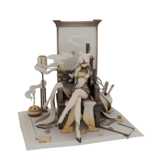 3D model of an elegant woman seated on a throne, wearing flowing white and yellow robes, with a scroll-like backdrop and wisps of smoke.