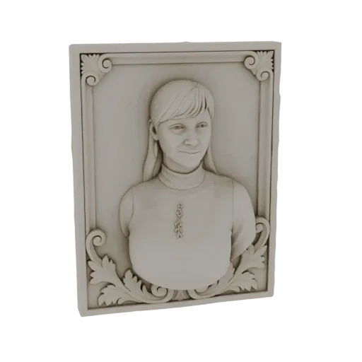 3D model of a young woman in bas-relief style, framed with ornate floral carvings.