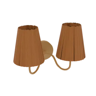 3D model of a double wall sconce lamp with two conical, pleated shades in a warm beige color, mounted on a neutral beige base