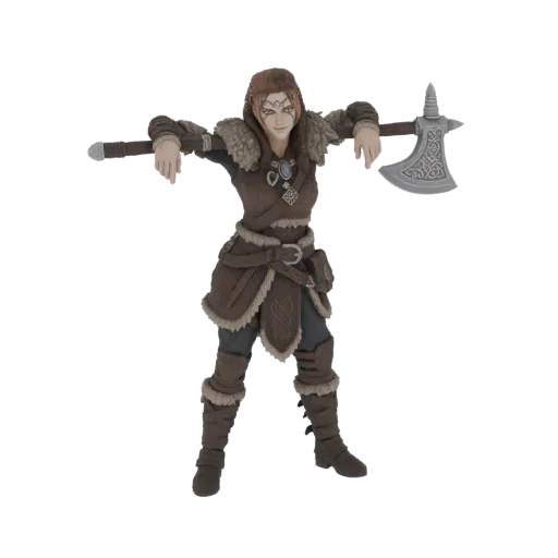 3D-Modell einer weiblichen Wikinger-Kriegerin mit geflochtenem Haar, die eine pelzgefütterte Rüstung trägt und eine detaillie