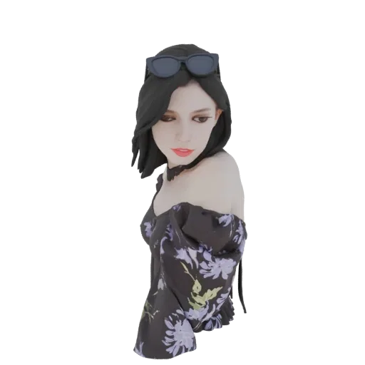 3D model of a stylish woman with dark hair, sunglasses, and a floral dress, posed elegantly.