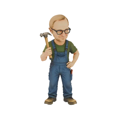 3D model of a bobblehead builder character wearing blue overalls and glasses, holding a hammer.