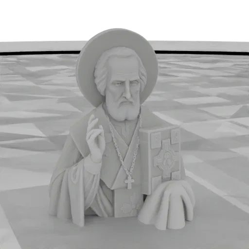 Render de modelo 3D de busto de San Nicolás, mostrándolo con barba, sosteniendo un libro y con aureola.