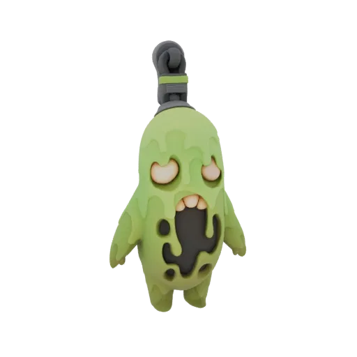 3D-Modell eines grünen Schleimmonster-Charakters mit tropfender Textur, großen Augen und offenem Mund.