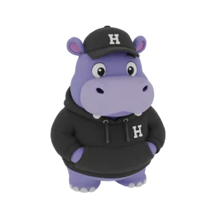 3D-Modell eines niedlichen lila Nilpferds mit schwarzem Kapuzenpullover und schwarzer Baseballkappe mit 'H'-Logo.