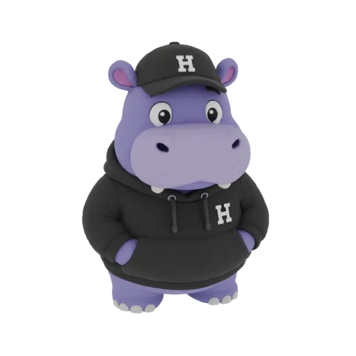 3D-Modell eines niedlichen lila Nilpferds mit schwarzem Kapuzenpullover und schwarzer Baseballkappe mit 'H'-Logo.
