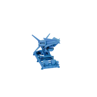 Modèle 3D d'un lance-roquettes bleu avec une fusée montée sur un support articulé, présenté sur fond blanc.