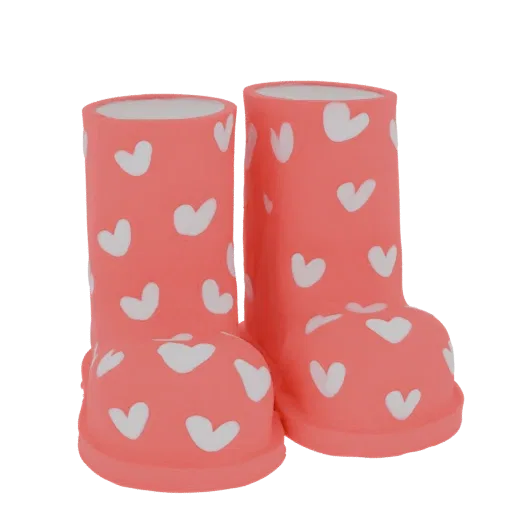 A 3D render of a pair of pink rain boots with a white heart pattern, presented against a white background.