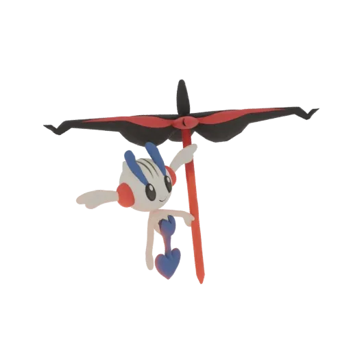 3D model of Fomantis, a small white creature with blue stripes on its head, holding a red and black parasol.
