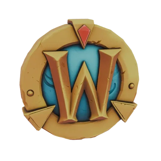 3D model of the World of Warcraft emblem, featuring a golden 'W' on a blue background within a textured golden frame and a re