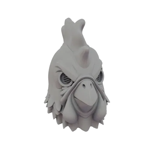 Un rendering 3D di una maschera per testa di gallo stilizzata grigia con espressione aggressiva, cresta dettagliata e becco a
