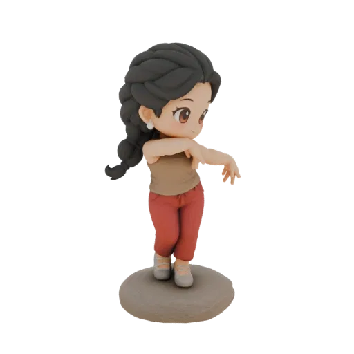 3D model of a chibi-style female dancer with long braided dark hair, wearing a taupe tank top and red pants, posed on a stone