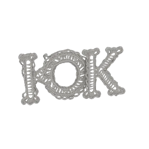 A 3D render of the letters 'OK' spelled out in a realistic light gray crochet texture against a black background.