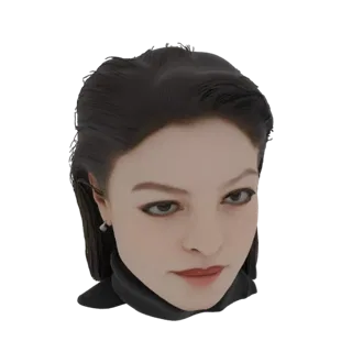 AI-generated 3D model of a woman with dark hair pulled back, wearing a black scarf, against a white background.