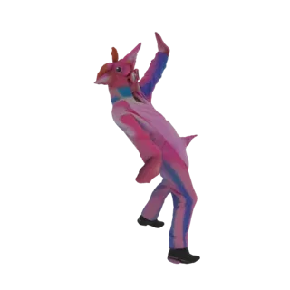 Modello 3D di una persona in un kigurumi di unicorno a strisce rosa e blu, che assume una posa di danza dinamica con un bracc