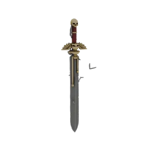 Modelo 3D de uma espada gótica com pomo de caveira e guarda alada, contra um fundo branco.