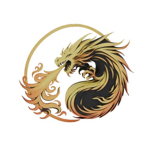 3D model of a golden dragon with intricate scales and flowing mane, coiled within a golden circle and breathing a stylized or