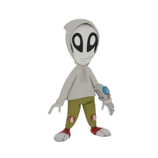 3D model of a stylized alien character wearing a grey hoodie, green pants, and a futuristic sci-fi gauntlet on its right arm.