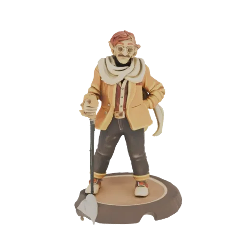 3D model of a whimsical gentleman with spectacles, scarf, and cane, standing on a circular base.