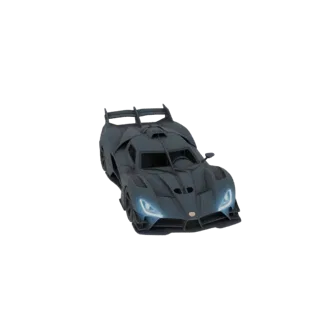 Um modelo 3D de um hipercarro agressivo cinza escuro com uma asa traseira proeminente e faróis azuis brilhantes, contra um fu