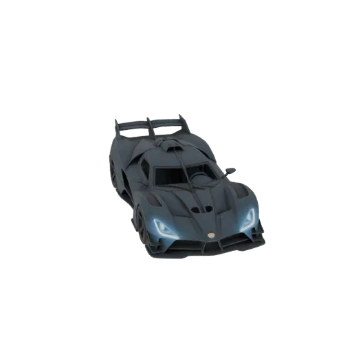 A 3D model of an aggressive dark grey hypercar with a prominent rear wing and glowing blue headlights, set against a white ba