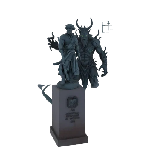 3D model of a warrior in traditional attire standing next to a large, horned demonic creature on a stone pedestal.