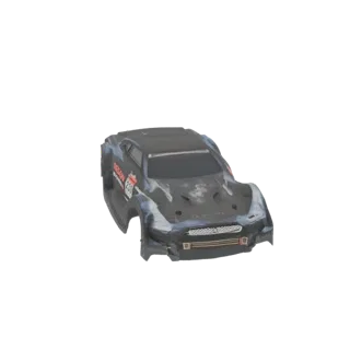 Modello 3D carrozzeria RC Nissan GT-R R35 nera con livrea racing e decalcomanie sponsor.