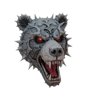 3D-Modell eines bedrohlichen Cyberpunk-Bärenkopfes mit metallischer Rüstung, scharfen Spikes und leuchtend roten Augen vor we