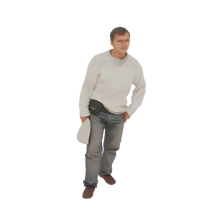 موديل ثلاثي الأبعاد لرجل يرتدي سترة بيضاء وجينز أزرق، يحمل قبعة بيضاء ويرتدي حقيبة خصر سوداء.