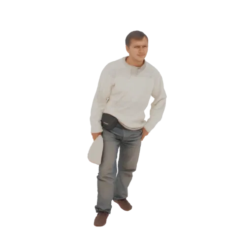 3D model of a man in a white sweater and blue jeans, holding a white cap and wearing a black belt bag.