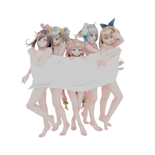 3D model of six anime girls with different hairstyles holding a large white towel banner, presented as a diorama.