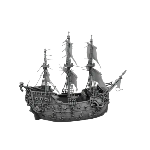 3D model of the Flying Dutchman ghost ship, a haunted galleon with skeletal and sea-creature carvings, viewed from the side.