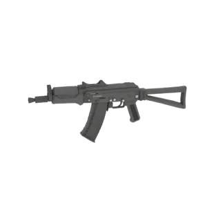 3D model of a modern assault rifle with a black finish and a collapsible stock, viewed from the side.