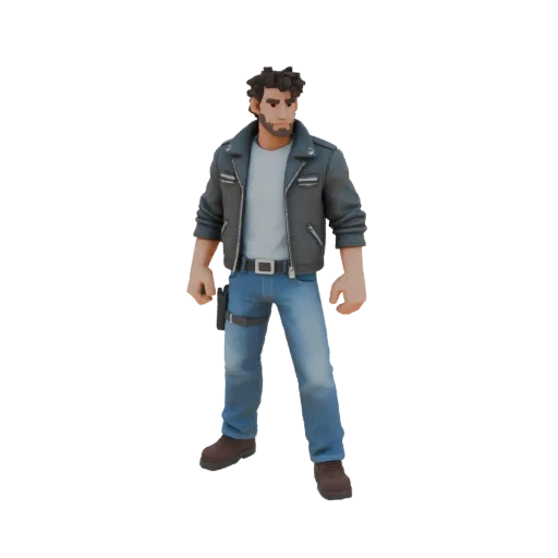 3D model of Pixel Survivalist game character in leather jacket, t-shirt, and jeans, standing full body.