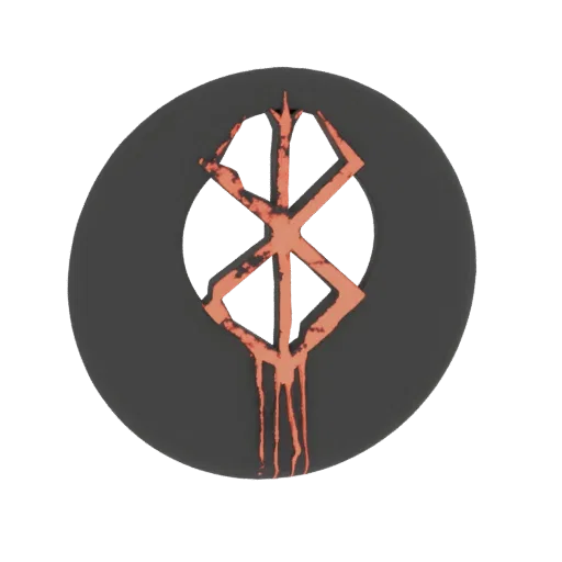 3D model of the Brand of Sacrifice symbol from Berserk, with a dark grey circular background and a distressed, blood-red symb