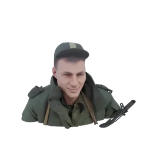 Render 3D di busto soldato con cappello e giacca, baionetta su fucile.