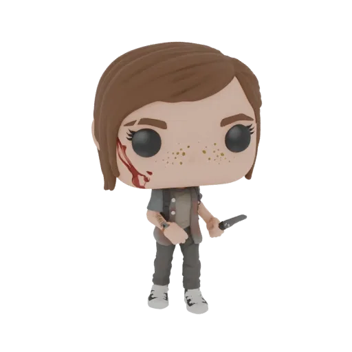 Modèle 3D d'Ellie Williams de The Last of Us en style Funko Pop, tenant un couteau avec du sang sur la joue.