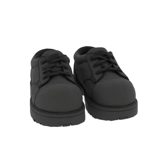 A 3D model of a pair of dark grey, lace-up work boots shown from a frontal view against a black background.
