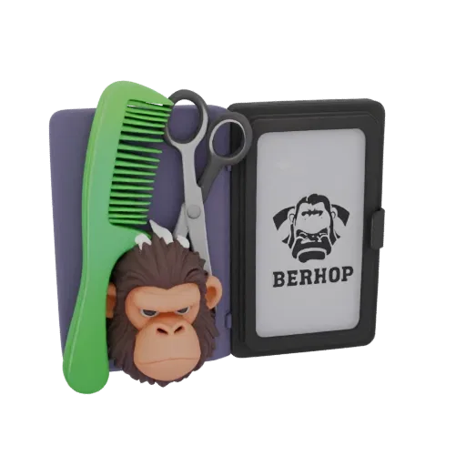 3D model of Berhop business card holder with gorilla head, comb, and scissors, in barbershop style.