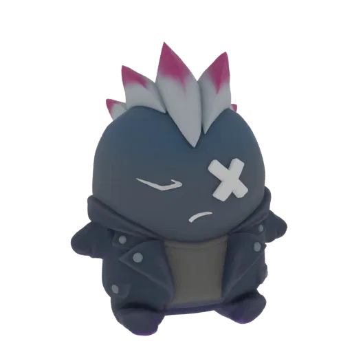 3D model of a punk rock character with a pink and white mohawk, leather jacket, and a white X over one eye, set against a bla