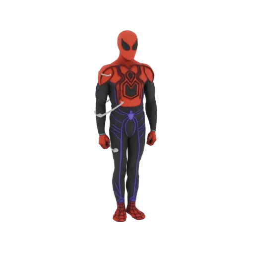 3D model of a Spider-Man suit with a black, red, and purple design, standing against a white background.