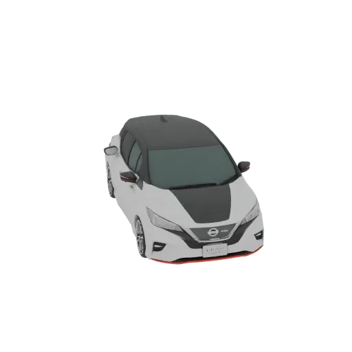 3D model of a white Nissan Leaf electric car with a black roof and hood, viewed from a three-quarter front angle.