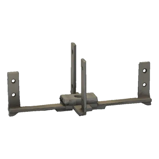 3D model of a grey metal industrial bracket assembly with multiple mounting holes and interlocking parts, set against a black