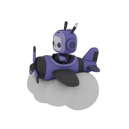 A 3D render of a cute purple robot wearing a helmet, piloting a purple biplane that is resting on a fluffy white cloud.