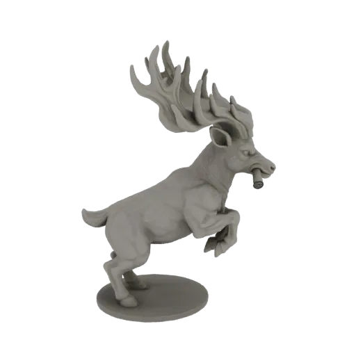 3D model of a majestic stag with flaming antlers and a cigar, captured in a dynamic leaping pose against a black background.