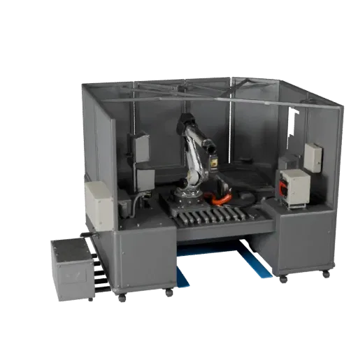 Packaging Robot Cell 3D model, side profile view, technical viewport render, showing painted steel, machine stations.